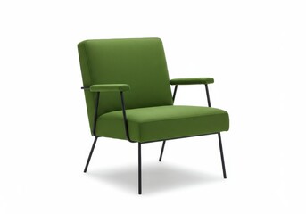 A sleek modern armchair with a green upholstered seat and backrest isolated on a white background