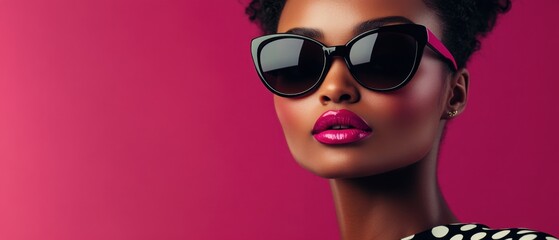 Fototapeta premium Elegant African American woman with pink lipstick and stylish sunglasses posing against a vibrant pink background Concept of fashion, beauty, and portrait