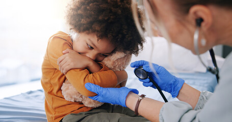 Doctor, child and fear for check up, stethoscope and hospital for cardiology examination or health...