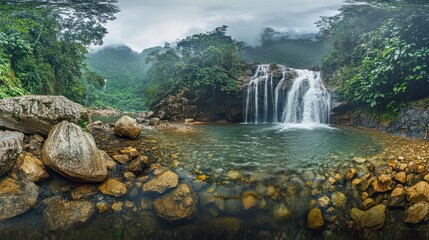 Waterfall cascading into pool, lush rainforest background, travel photography
