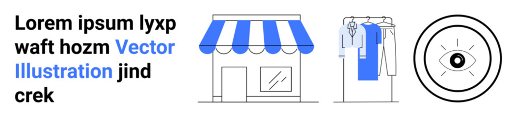 Small store with blue awning, hanging clothes rack, and focal eye with arrow. Ideal for retail, e-commerce, fashion boutiques, branding, marketing, startups visual identity business concepts