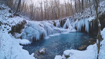 Frozen waterfall in winter forest, blue pool, snow. Winter landscape for calendar