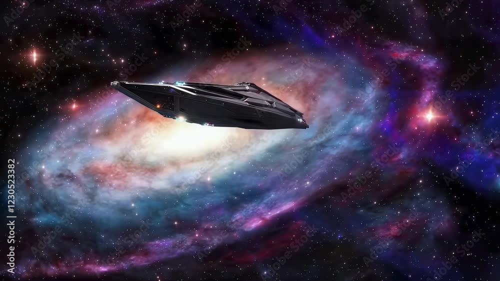 Poster Black spaceship sails towards a rainbow nebula with stars and galaxies in the background. Ahead is a thin white light that illuminates part of the space in blue tones. They are off to find new planets