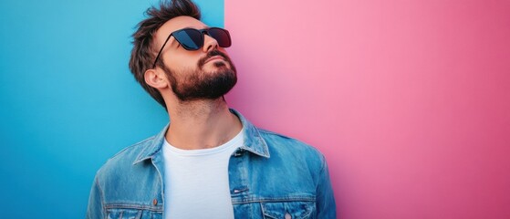 Portrait of a stylish man with sunglasses and beard against a vibrant pink and blue background Fashionable male model looking up, showcasing modern menswear and trendy eyewear Concept of style, confid
