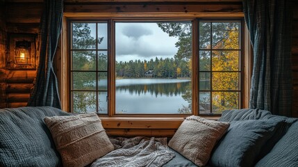 Cozy cabin window with a serene lake view, blending natural beauty with rustic comfort