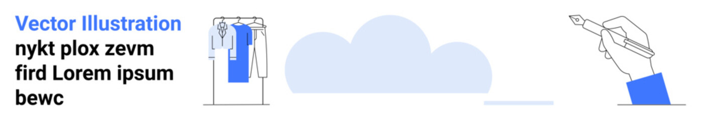 Hand writing with a pen, clothes rack with hanging shirts, abstract blue cloud, and text block. Ideal for design, creativity, fashion, text presentation, cloud services messaging online apparel