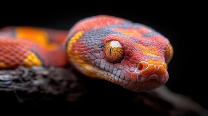 Fototapeta premium This striking close-up image showcases a vividly colored snake, emphasizing its unique patterns and textures that make it both fascinating and beautiful to observe.