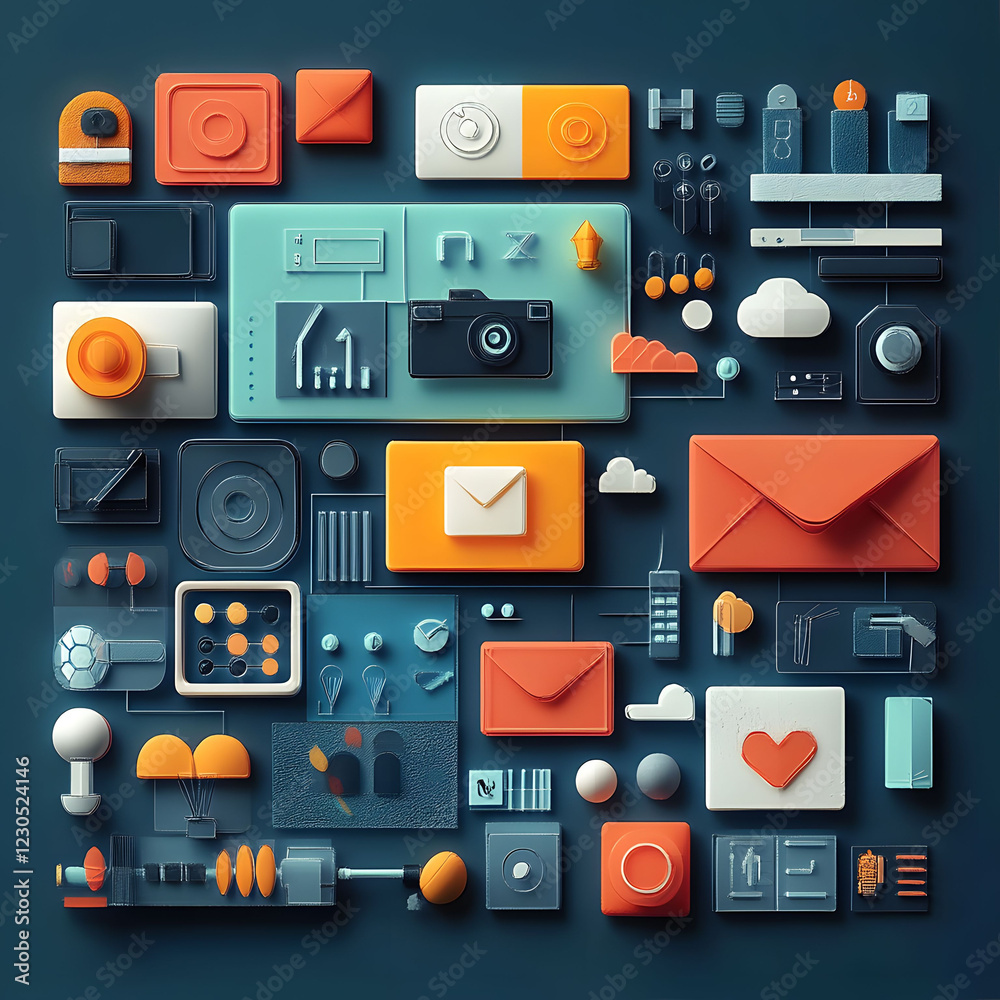 Fototapete a graphic design featuring various digital tools and icons arranged in an organized layout, such as 