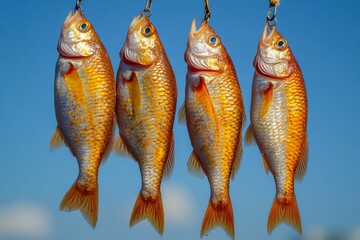 Four Fresh Fish Hanging Against Blue Sky