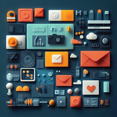 A graphic design featuring various digital tools and icons arranged in an organized layout, such as cameras, computers, text messages, and social media logos