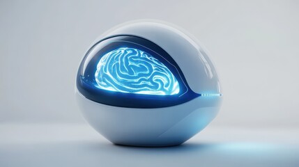 Visualization of an AI chatbot concept, featuring a glowing brain integrated into a sleek digital assistant interface with futuristic design elements
