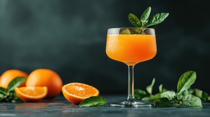 A beautifully presented orange drink in an elegant glass, featuring vibrant colors and a fresh garnish of leafy herbs, ideal for sophisticated dining and social occasions.