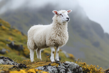 Fototapeta premium A fluffy white sheep stands on a misty mountain