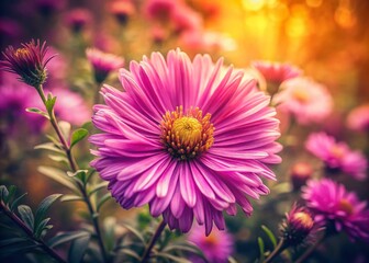 Obraz premium Vintage Style Close-up of Vibrant Purple Symphyotrichum Autumn Flowers in a Garden - Macro Floral Background