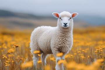 Fototapeta premium A fluffy white lamb stands in a yellow flower field