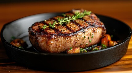 An inspiring image of a grilled steak garnished with fresh herbs, showcasing culinary finesse and the artistry of cooking in an inviting dining experience.