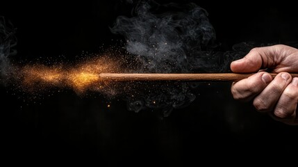 Naklejka premium A hand thrusts a wand forward, emitting vibrant sparks and intricate smoke patterns, evoking a sense of motion and the exhilarating power of creativity and enchantment.