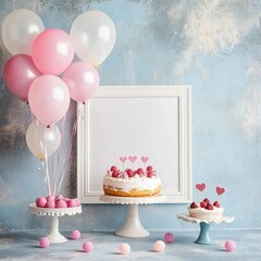 Birthday cake with pink balloons and white frame on blue wall background