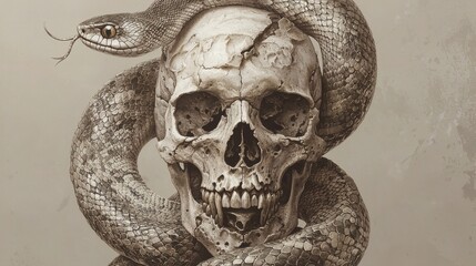 Serpent and Skull: A macabre masterpiece of death and decay, intricate details showcasing the skull and snake's texture. A study in monochrome.