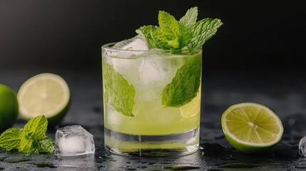 Fototapeta premium A vibrant cocktail garnished with mint leaves and lime, sitting on a wet surface, perfect for summer gatherings and refreshing moments. An ideal drink to enjoy with friends.