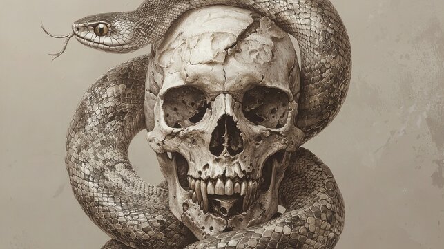 Serpent and Skull: A macabre masterpiece of death and decay, intricate details showcasing the skull and snake's texture. A study in monochrome.