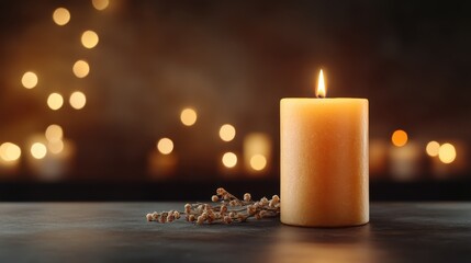 A warm, glowing candle stands prominently in focus, while a beautiful bokeh background creates a serene and calming atmosphere, perfect for relaxation.