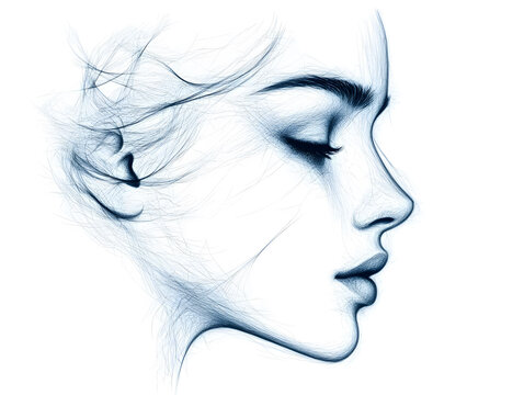 a beautiful woman's face, profile view, sketch drawing style, white background, hair flowing in the wind, soft light on her skin