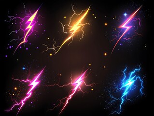 A vector design of vibrant lightning bolts with bright glowing effects and soft dynamic lighting for emphasis
