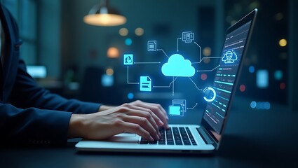 Fototapeta premium person typing on a laptop with social icons