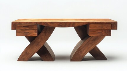 Modern wooden desk, studio shot, crossed legs, minimalist background, home office