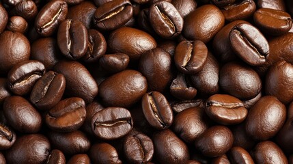 Obraz premium Close-up view of roasted coffee beans showcasing their rich texture and color, ideal for culinary use