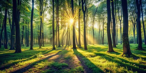 Obraz premium Vintage Sunlight Forest Backlit Silhouettes: Peaceful Morning Park Scene