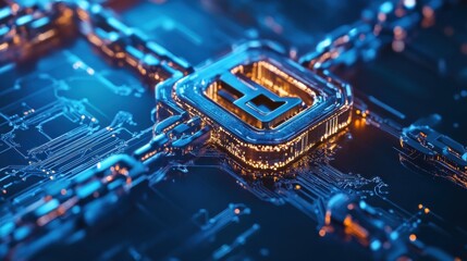 digital blockchain interface with cyber protection button and circuits concept at abstract technology background. 3D render