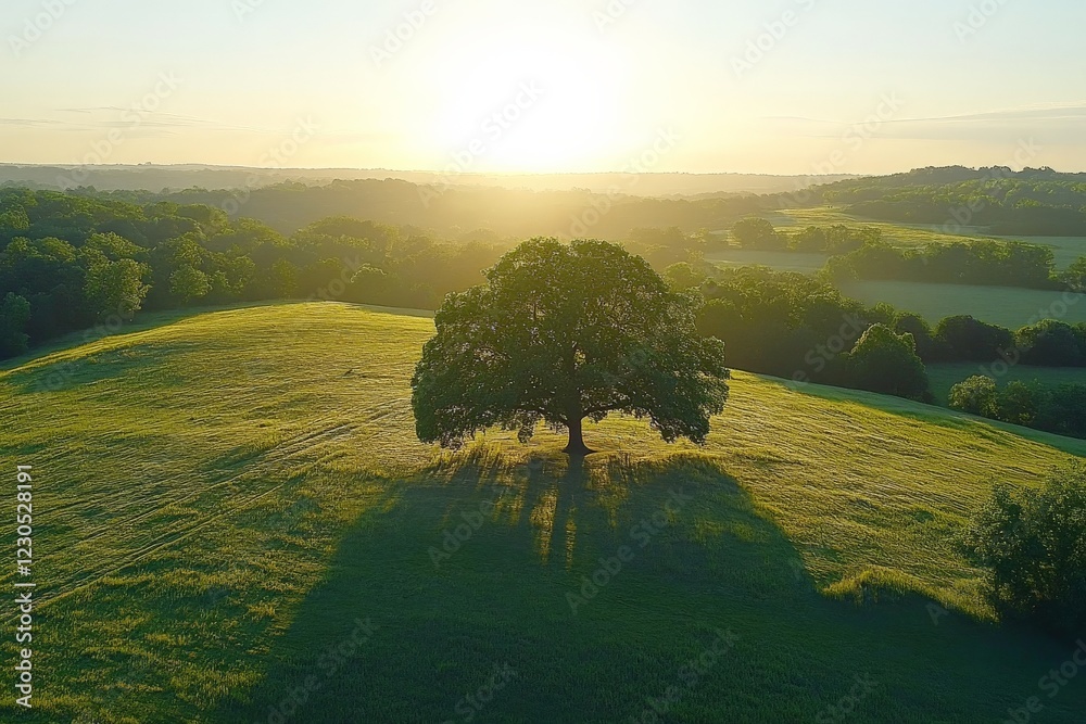 Poster sunlight casts long shadows from a solitary tree on a hillside during golden hour in the countryside