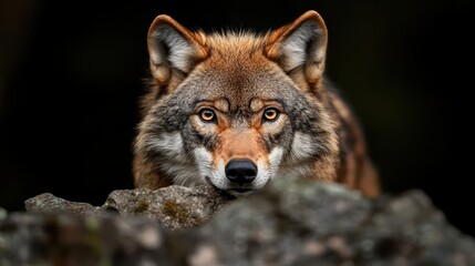 Obraz premium This captivating image features a majestic wolf peering intently from behind a rock, its piercing eyes reflecting the depth of nature's wilderness and mystery.
