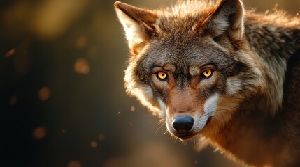 Obraz premium An image of an intense wolf with fiery amber eyes dominates the backdrop, capturing the essence of its wild spirit and the raw power inherent in nature.