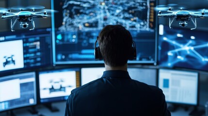 Advanced drone surveillance system, security control room with drone surveillance feeds and AI analytics, Drone Surveillance style
