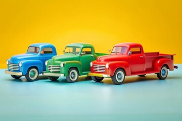 Vintage Trucks: Minimalist Photography, Four Colors, Classic Cars, Retro Vehicles,  AI Generated Image