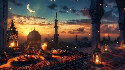 Scenic Ramadan Iftar Setting with Lanterns and Crescent Moon  
