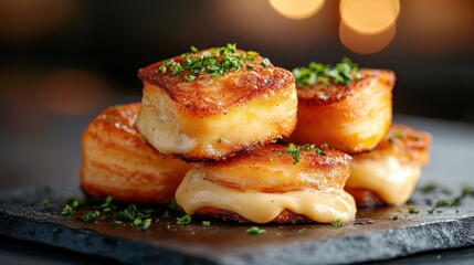 Tempting golden-brown squares of fried cheese, showcasing a crispy exterior and a gooey melted center, perfect for satisfying your cravings in a delightful way.