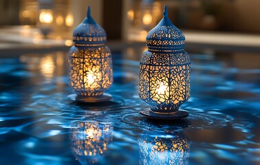 Two Ornate Lanterns Floating on Pool at Dusk, Casting Warm Glow on Water

