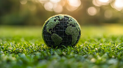 Fototapeta premium tree growing in the center of green grass, with soil visible at its base and a lush background of trees, symbolizing growth or environmental protection