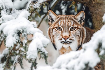 Fototapeta premium A lynx emerges from behind a snow-covered tree, fixing its piercing gaze towards the camera. The winter landscape is adorned with white snow, enhancing the lynx's striking appearance