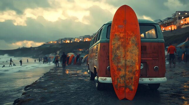 A red and white van is parked on the beach with a surfboard leaning against it - Powered by Adobe