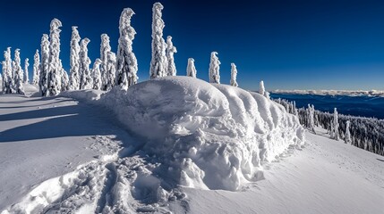 Snowy Mountain Peak with Frost Covered Trees Winter Wonderland Landscape