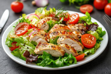 Appetizing summer salad with meat, tomatoes, spinach, onions and lettuce, healthy summer breakfast in a white plate on the table, healthy food concept, weight loss food