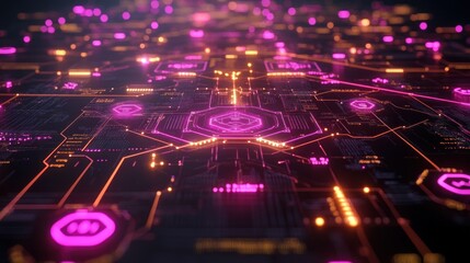 Obraz premium Abstract digital circuit board with glowing hexagons and lines.