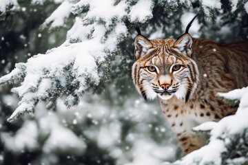 Obraz premium A lynx peeks out from behind a snow-covered tree, its sharp gaze fixed toward the camera. The wintry setting enhances its striking features, showcasing the beauty of nature in winter