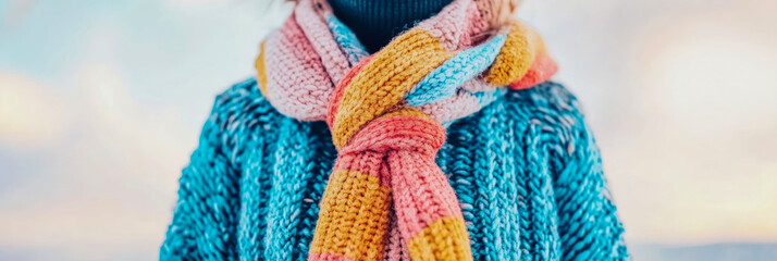 Close-up of Colorful Knitted Scarf and Sweater