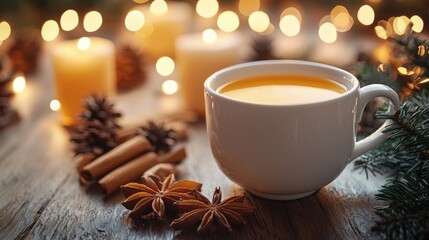 Cozy Warm Cup of Tea with Seasonal Decor and Soft Lights